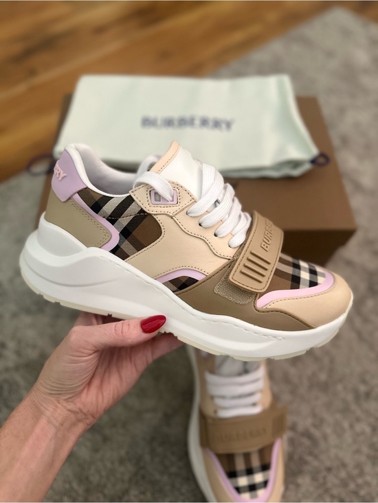 Burberry Shoes - Burberry Beige, Pink & Classic Check Leather Platform Sneakers